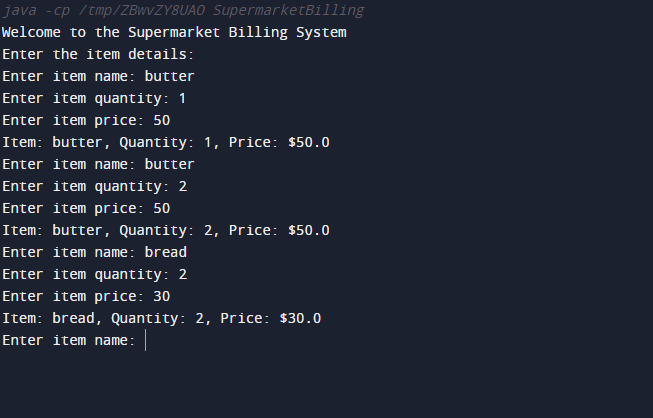 Simple Supermarket Billing System using java