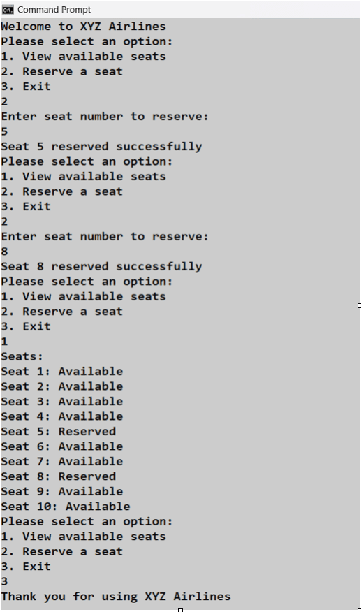 airlines reservation system output