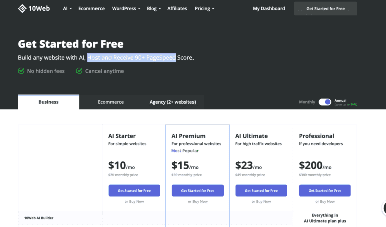 10web subscription plans