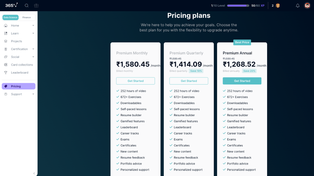 365DataScience Plans and Pricing