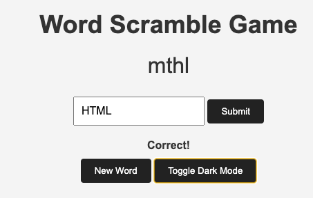 Word Scramble Game using HTML, CSS, and JavaScript output 1