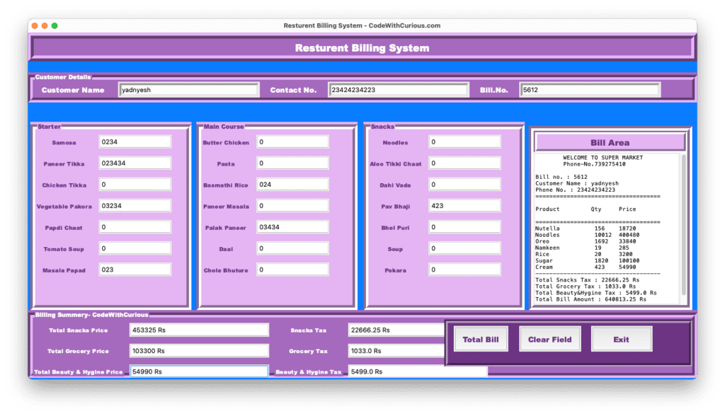 resturent billing management system using Python