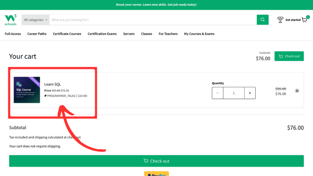 Flat 20% Discount on W3Schools Learn SQL Course using Discount Code