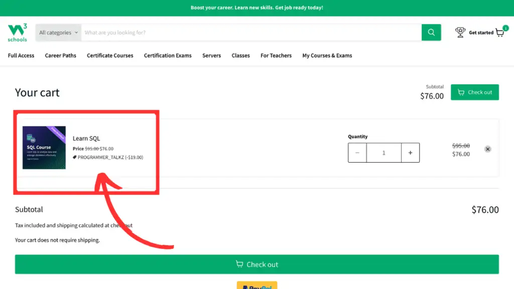 Flat 20% Discount on W3Schools Learn SQL Course using Discount Code