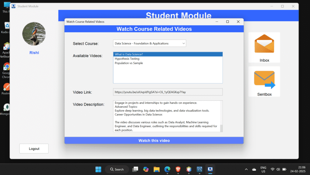 E-Learning System Using JAVA Output 4