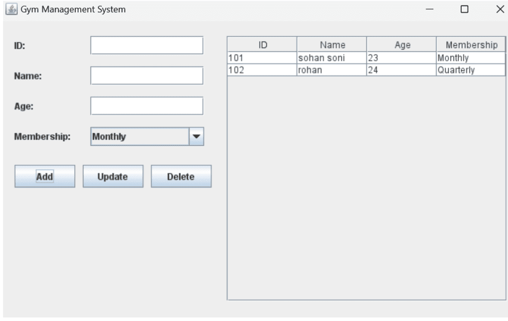 GYM Management System Using Java output 1