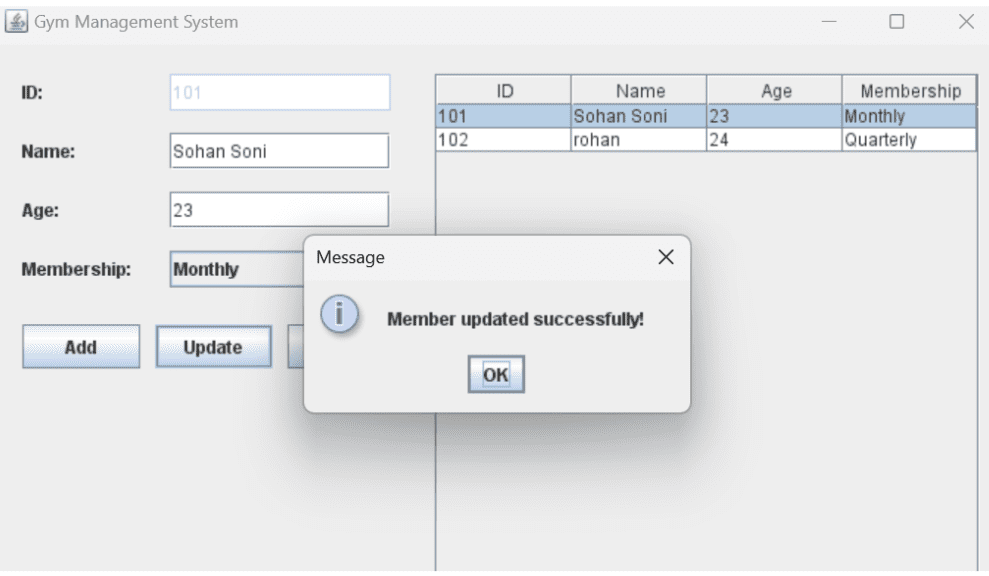 GYM Management System Using Java output 2