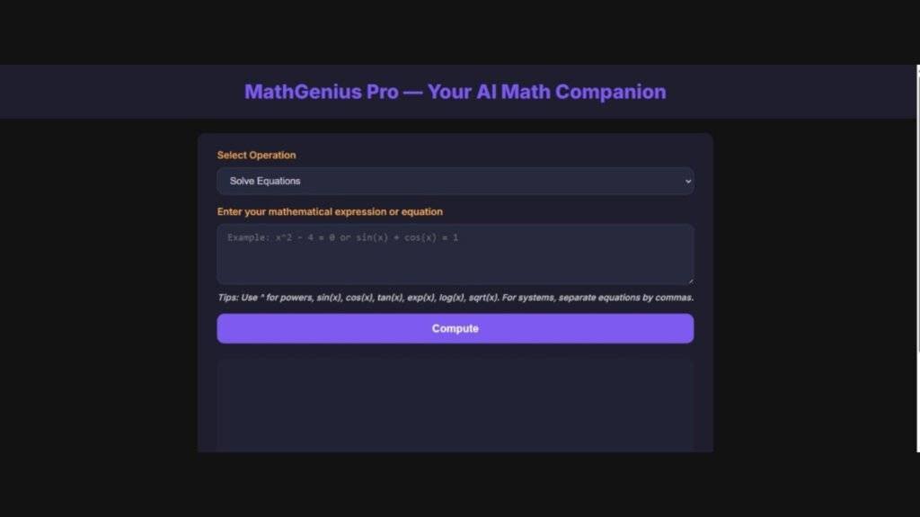 MathGenius Pro – AI-Powered Math Solver Using Python Output 1