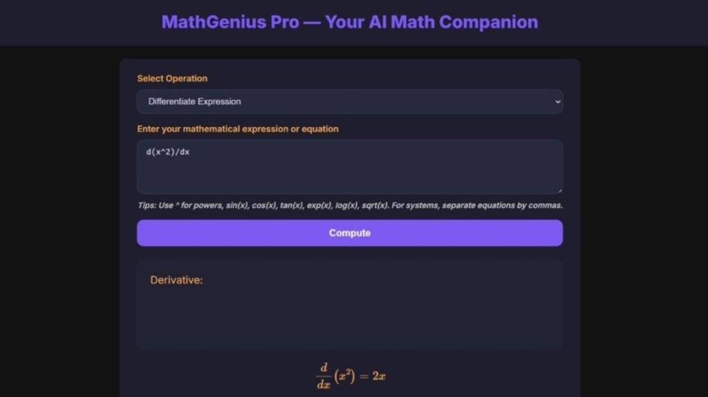 MathGenius Pro – AI-Powered Math Solver Using Python Output 2